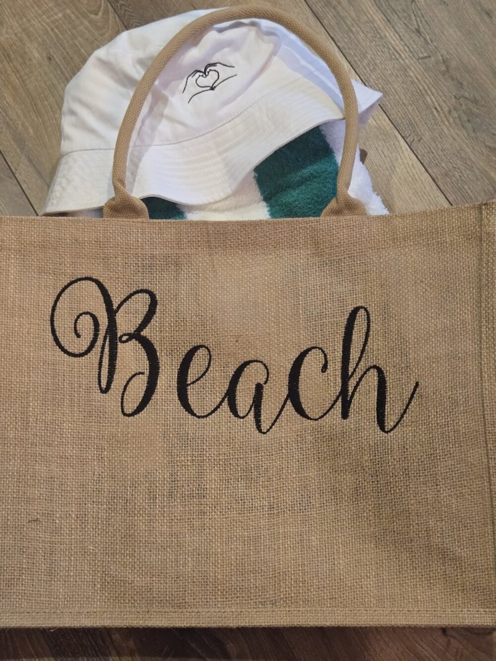 3 Piece Beach Vacation Set-Large burlap "Beach" Tote, Green Bucket Hat & Towel